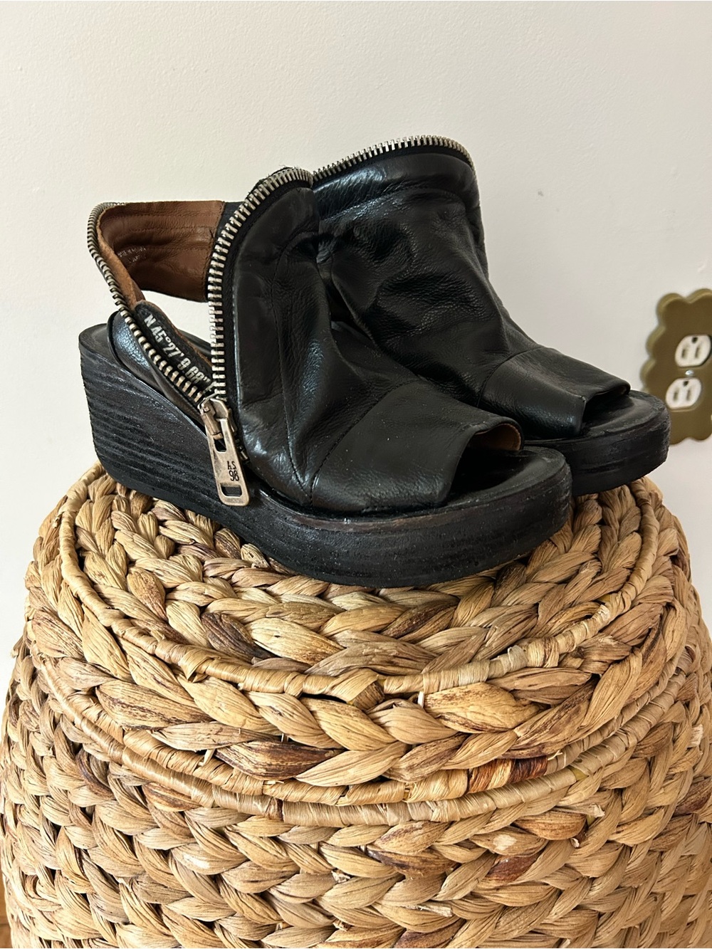 A.S.98 Black Leather Peep-Toe Zip Wedge Sandals